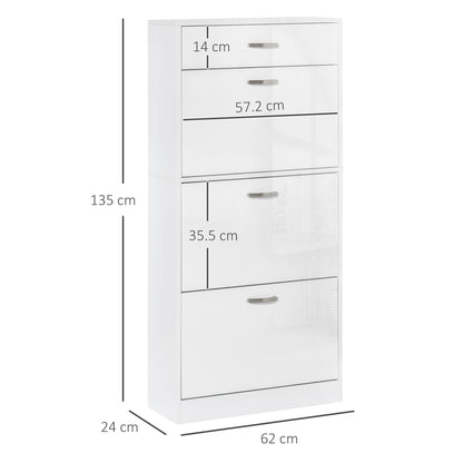 Shoe Cabinet with 3 Flip Drawers, High Gloss Shoe Storage Cabinet with Top Drawer and Adjustable Shelves, Shoe Cupboard for 18 Pairs, White, HOMCOM, 3