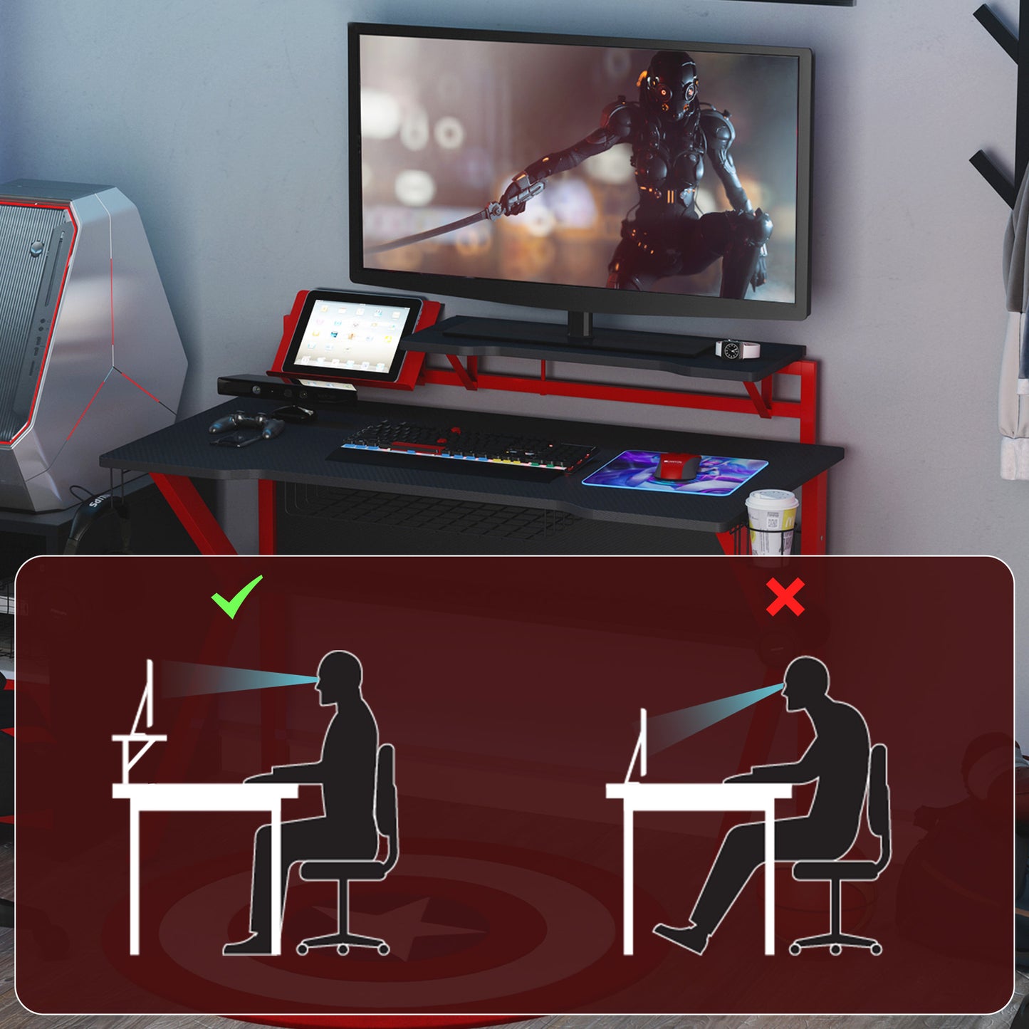 Gaming Desk, Computer Table with Monitor Stand, Cup Holder, Headphone Hook, Wire Basket and Metal Frame, 120cm, Red, HOMCOM, 7