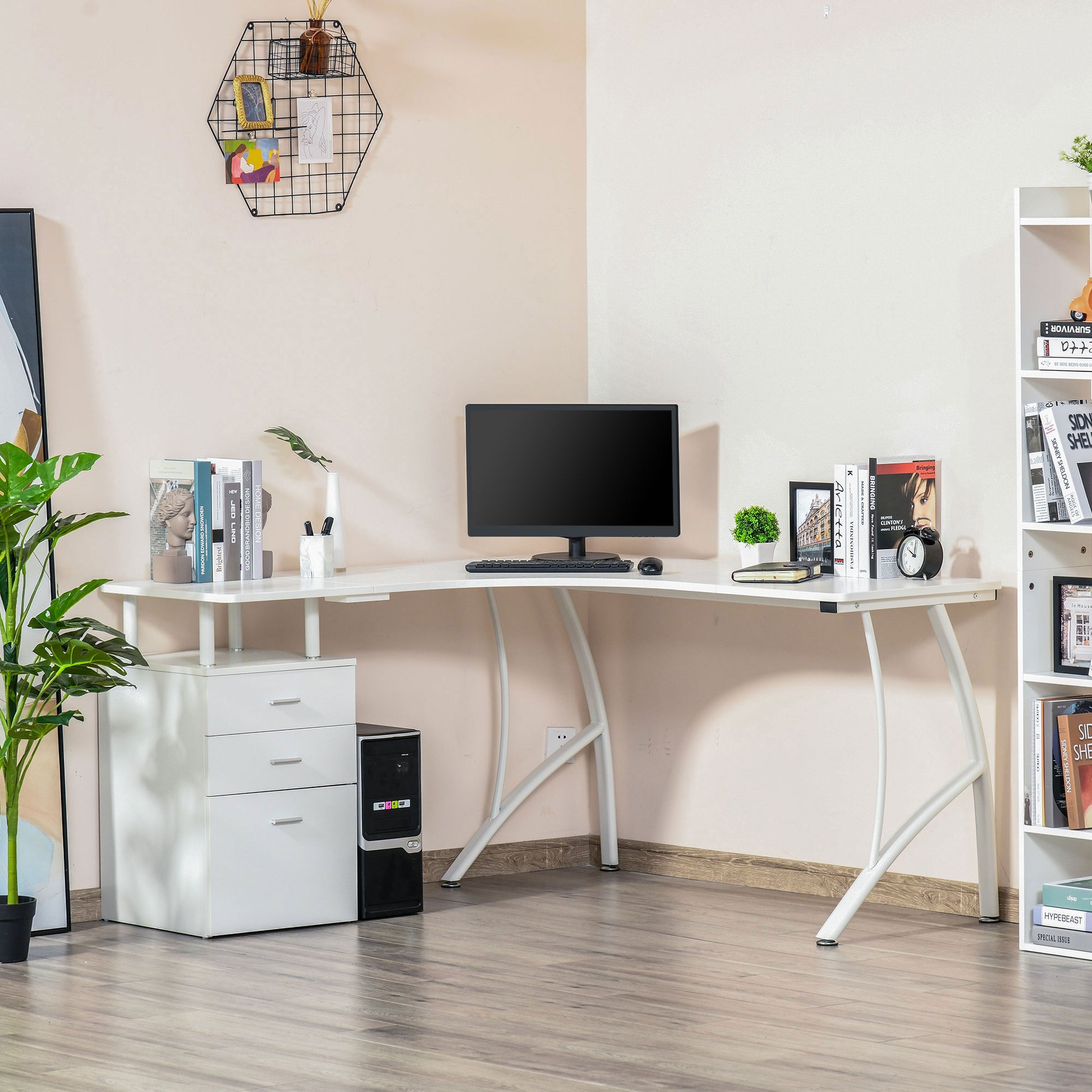 L-Shaped Computer Desk Table with Storage Drawer Home Office Corner Industrial Style Workstation for A4 Files 152 x 143.5 x 76cm, White, HOMCOM, 2