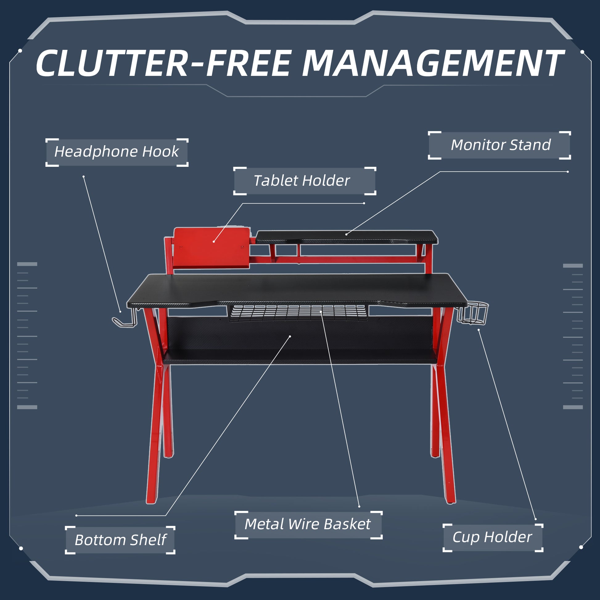 Gaming Desk, Computer Table with Monitor Stand, Cup Holder, Headphone Hook, Wire Basket and Metal Frame, 120cm, Red, HOMCOM, 5
