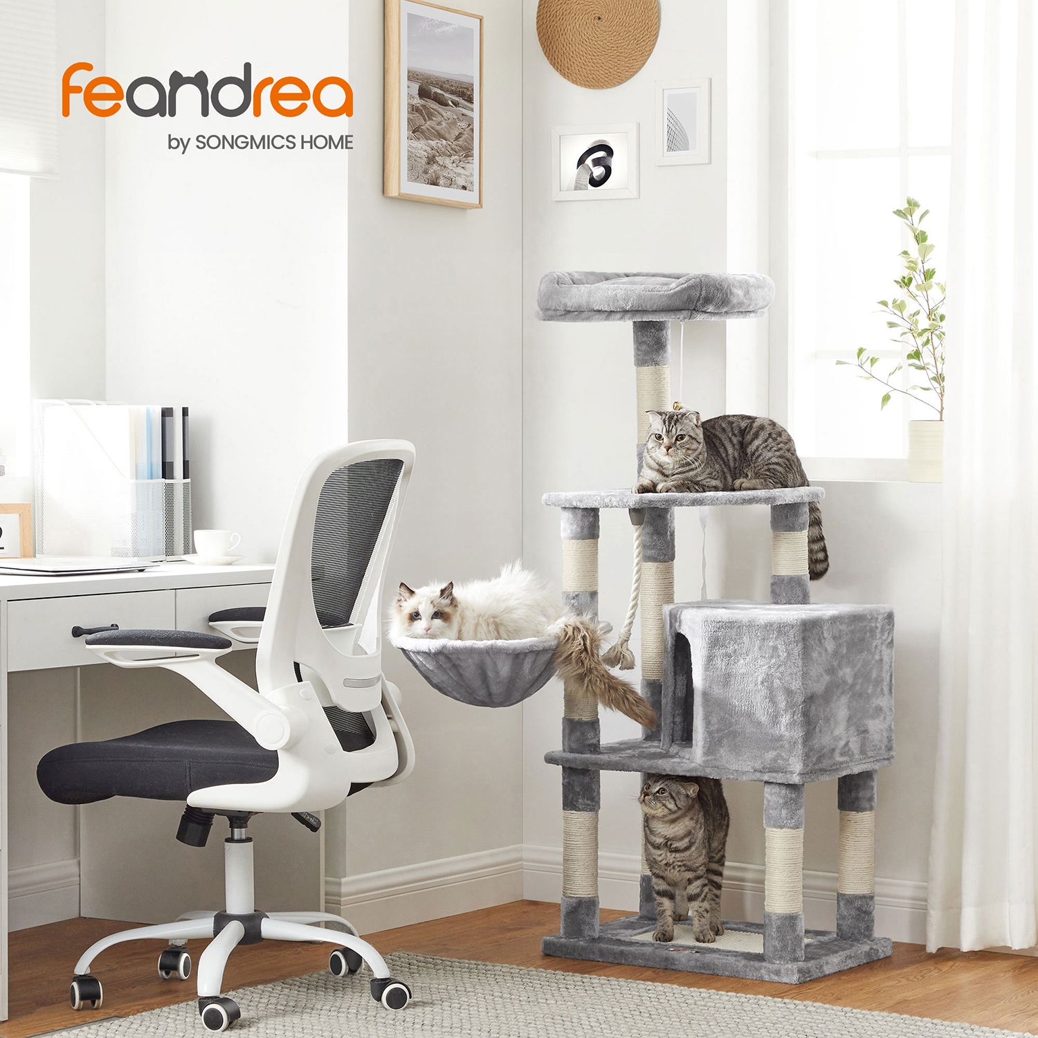 Cat Tree with Scratching Posts, Cat Tower, Kitten Furniture Activity Centre, Plush and Light Grey, FEANDREA, 2
