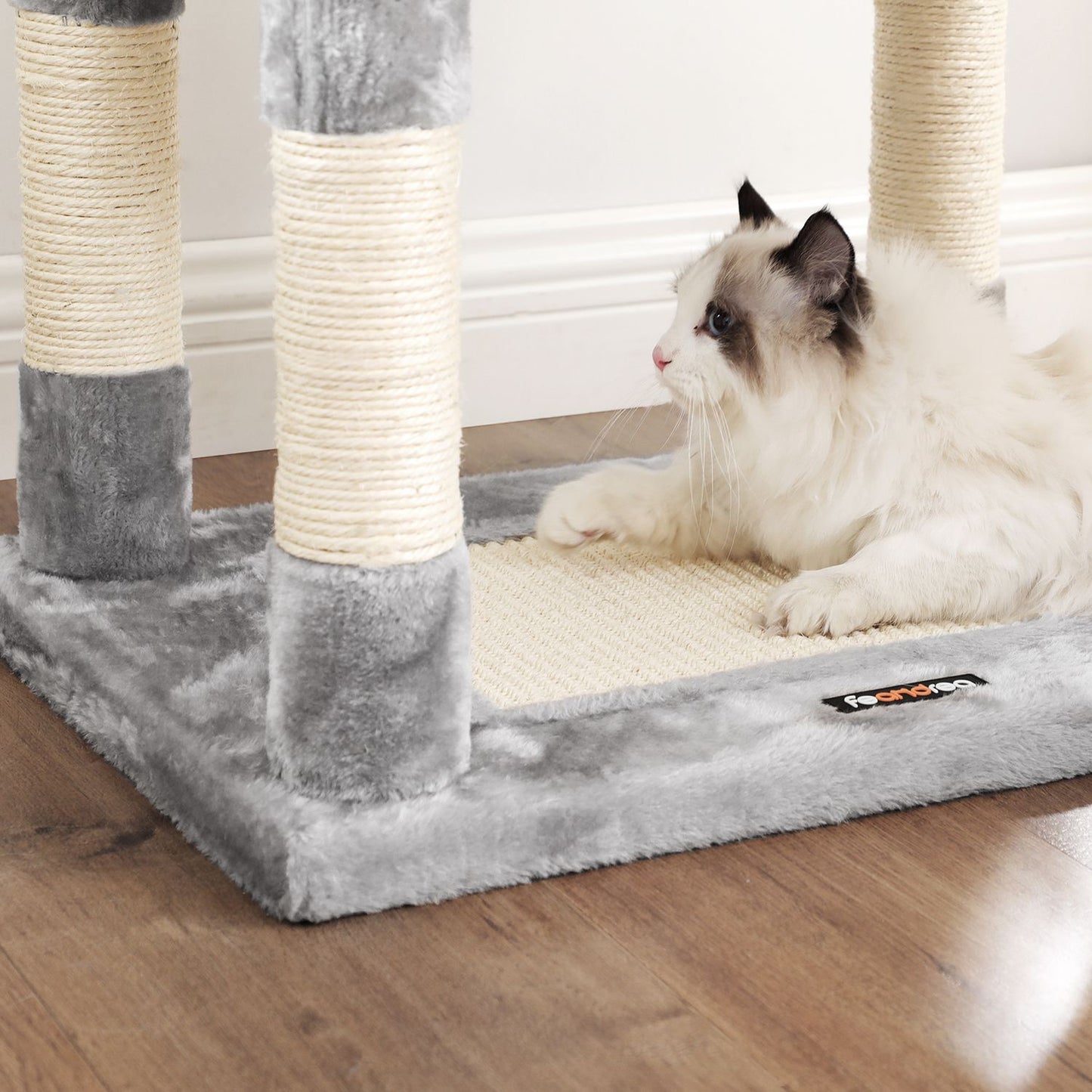Cat Tree with Scratching Posts, Cat Tower, Kitten Furniture Activity Centre, Plush and Light Grey, FEANDREA, 5