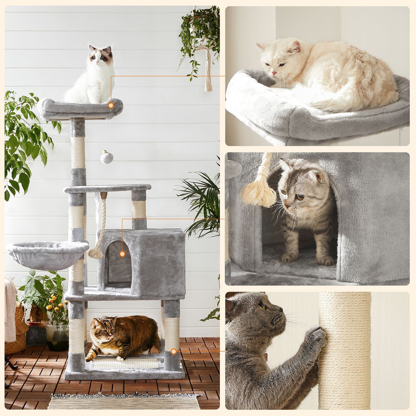 Cat Tree with Scratching Posts, Cat Tower, Kitten Furniture Activity Centre, Plush and Light Grey, FEANDREA, 9