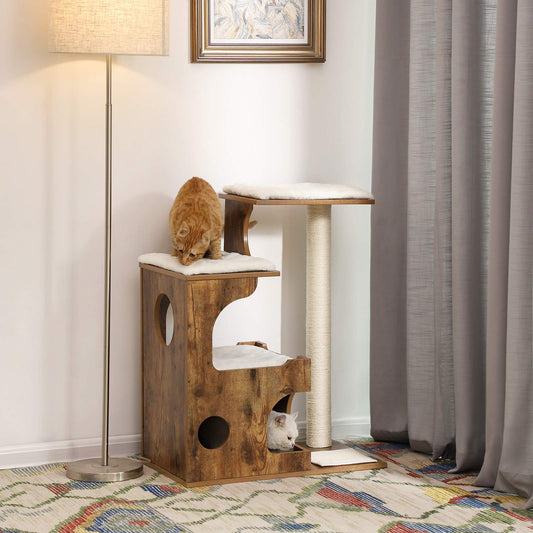 91 cm, Cat Tree, Medium Cat Tower with 3 Beds, Cat Activity Centre, Cat Condo Made, Rustic Brown and White, FEANDREA, 1