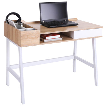 Computer Desk, Writing Desk, Study Workstation with Drawer, Storage Compartments, Cable Management, Laptop Table, Metal Frame, 100 x 55 x 81.5cm, Oak and White, HOMCOM, 1