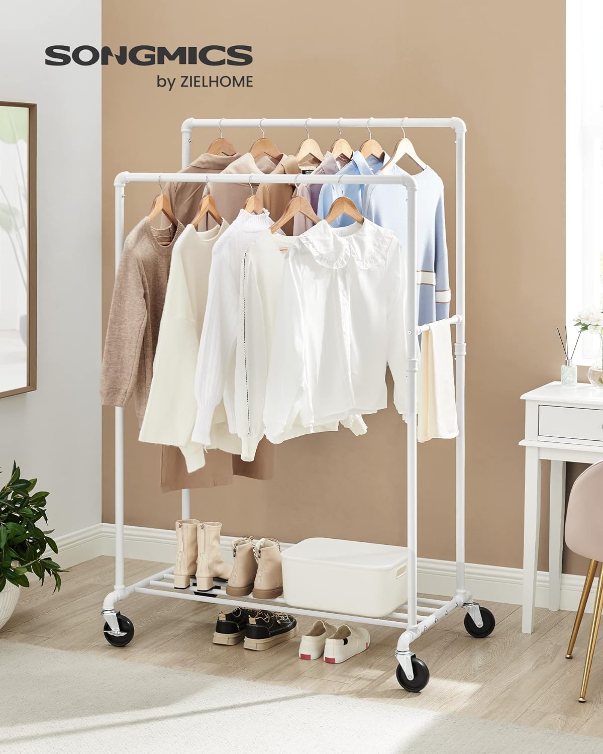 Clothes Rail, Coat Rack with Shoe Storage, Heavy Duty Clothes Rail, Maximum Load of 110 kg, White, SONGMICS, 5