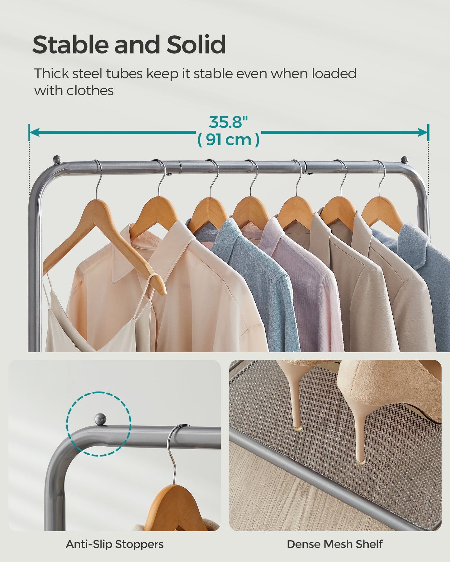 Clothes Rail, Coat Rack with Shoe Storage, Clothes Rack, Metal Clothing rail for Bedroom, 40 kg, Grey, SONGMICS, 3