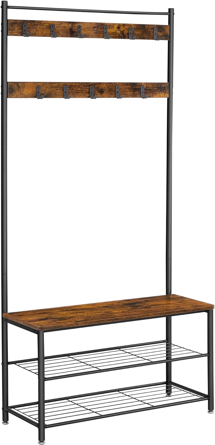 Clothes Rail, Hall Tree, Coat Rack, Coat Stand with Shoe Storage Bench, Hall Tree, Rustic Brown and Black, VASAGLE