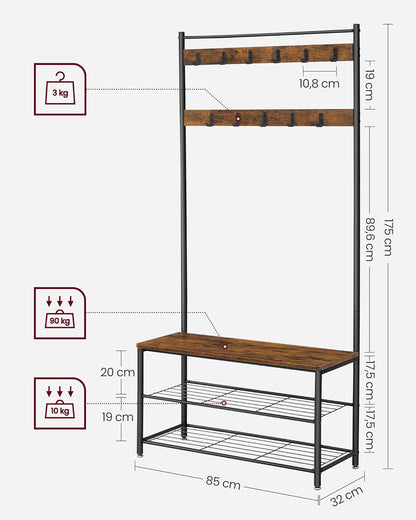 Clothes Rail, Hall Tree, Coat Rack, Coat Stand with Shoe Storage Bench, Hall Tree, Rustic Brown and Black, VASAGLE, 7