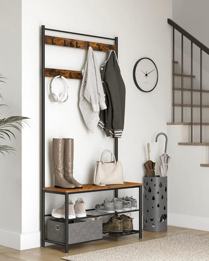 Clothes Rail, Hall Tree, Coat Rack, Coat Stand with Shoe Storage Bench, Hall Tree, Rustic Brown and Black, VASAGLE, 10
