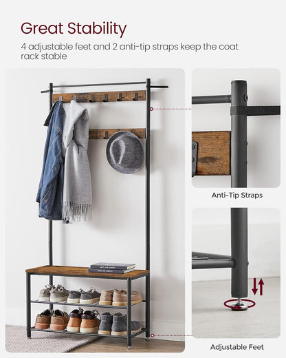 Clothes Rail, Hall Tree, Coat Rack, Coat Stand with Shoe Storage Bench, Hall Tree, Rustic Brown and Black, VASAGLE, 6
