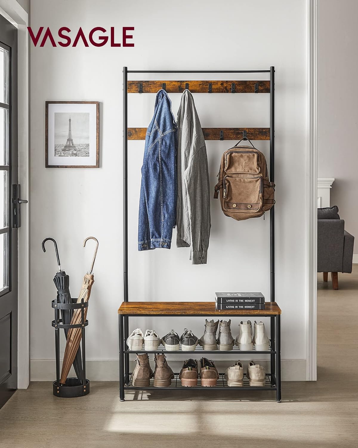 Clothes Rail, Hall Tree, Coat Rack, Coat Stand with Shoe Storage Bench, Hall Tree, Rustic Brown and Black, VASAGLE, 9