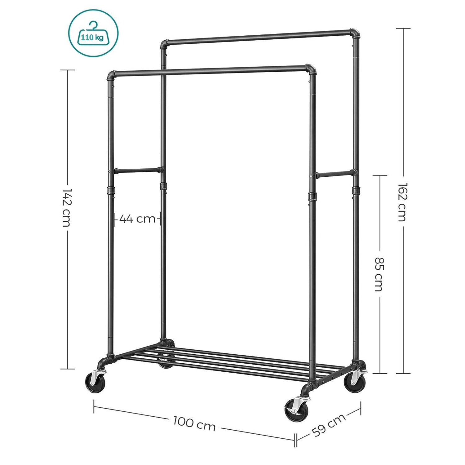 Clothes Rail, Heavy Duty Clothes Rail, Industrial Clothes Rail, Double Rails, Clothes Rail on Wheels, SONGMICS, 3