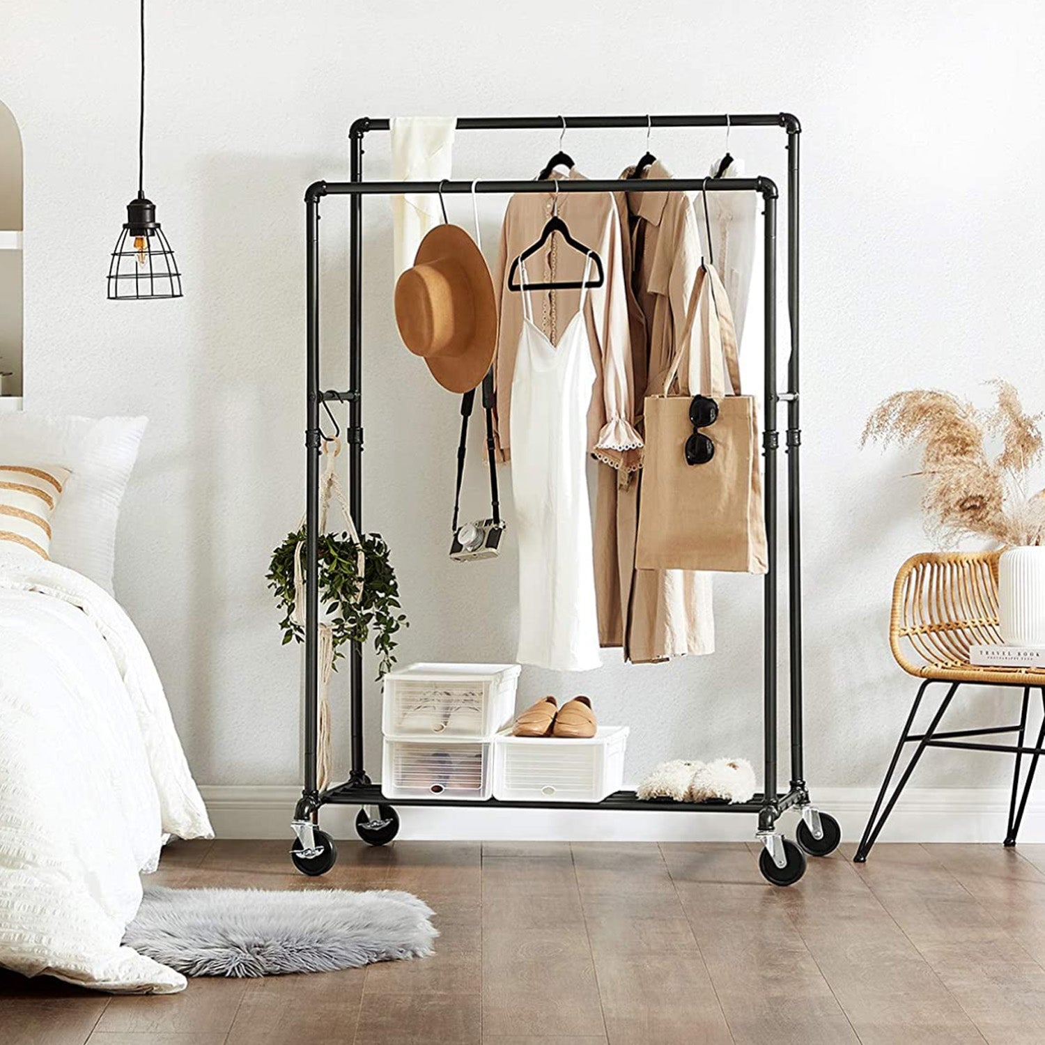 Clothes Rail, Heavy Duty Clothes Rail, Industrial Clothes Rail, Double Rails, Clothes Rail on Wheels, SONGMICS, 2