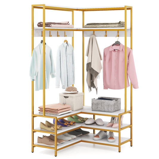 L-shaped Clothes Corner Garment Rack with Open Shelves and 7 Hooks-White, Costway, 1