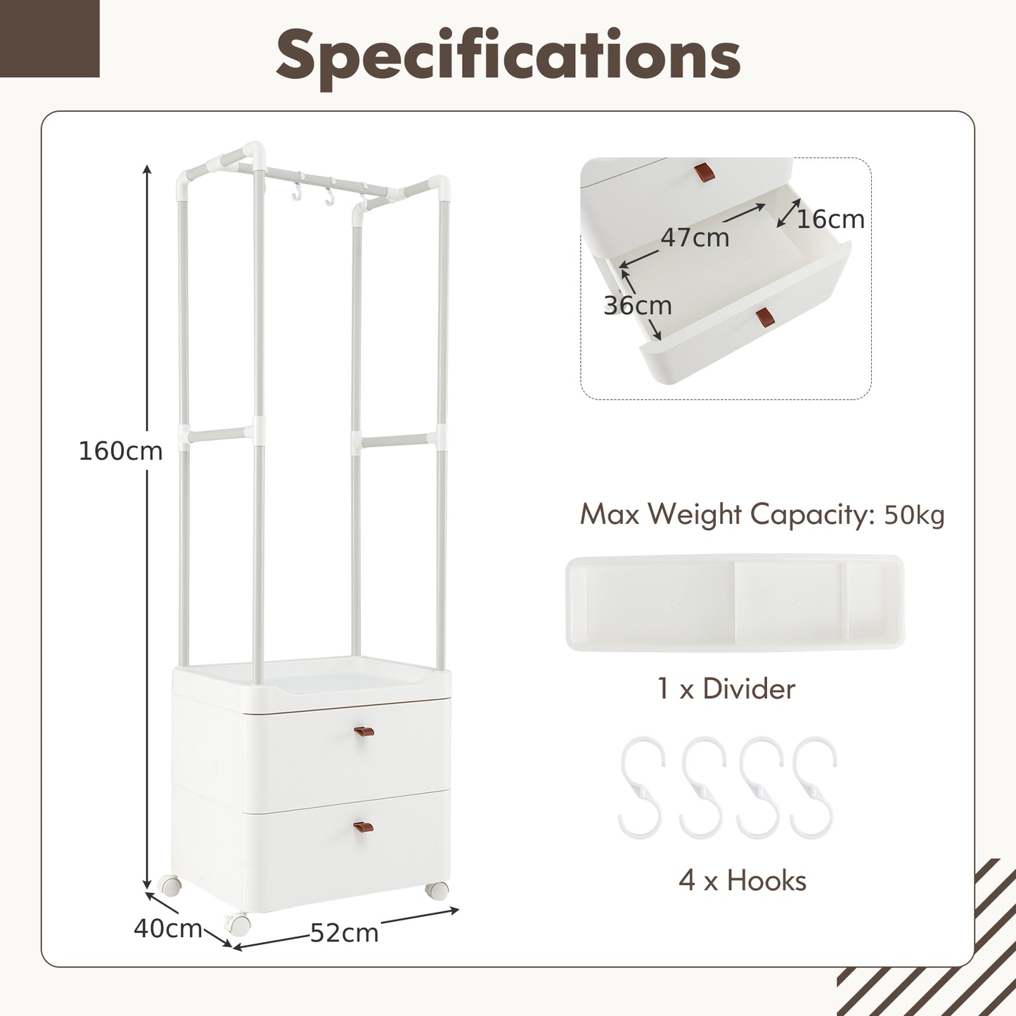 Freestanding Heavy-duty Clothing Stand Dresser with Hanging Rod and Storage Shelves-White, Costway, 5