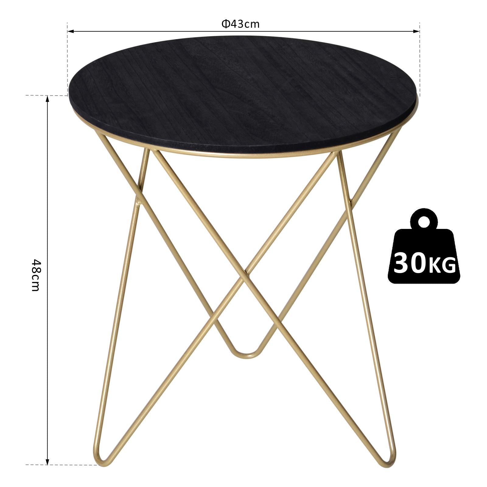 Wooden Metal Coffee Table, Sofa End Side Bedside Table Modern Style, Round Table, Black Gold Color (43cm), HOMCOM, 3