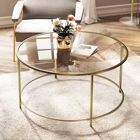 Coffee Table, Round, Glass Table, with Metal Frame, Tempered Glass Bedside Table, Sofa Table, VASAGLE, 1