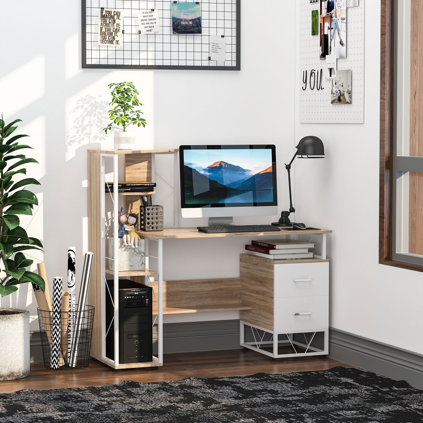 Computer Desk, Writing Desk with Drawers and Multi-Shelves, PC Workstation, Study Furniture, Wood, Orange, HOMCOM, 1