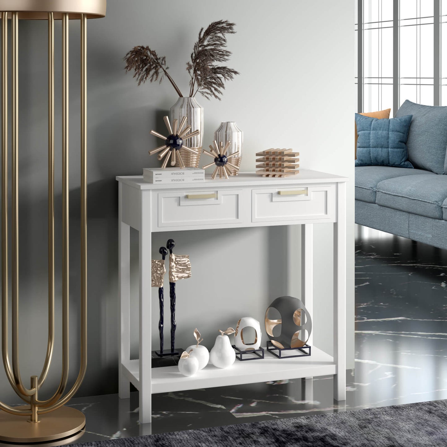 Console Table Sofa Table with 2 Drawers and Bottom Shelf, Hallway Table, Sofa Table, White, Costway, 2