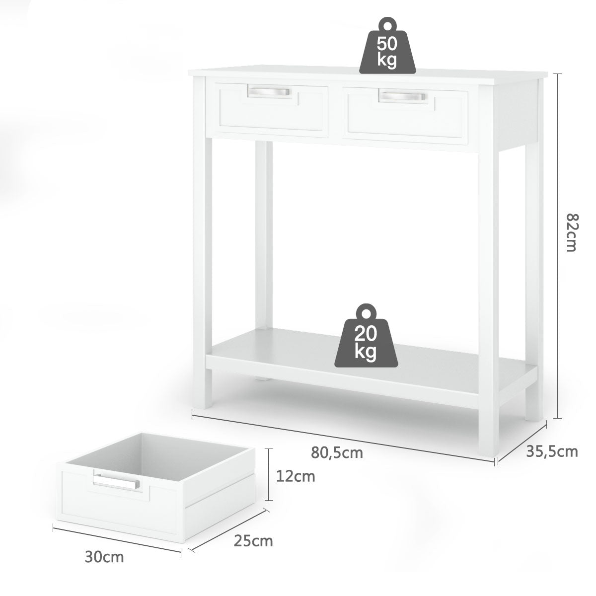 Console Table Sofa Table with 2 Drawers and Bottom Shelf, Hallway Table, Sofa Table, White, Costway, 4