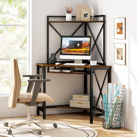 Corner Computer Desk with Hutch Storage Shelves and Keyboard Tray-Rustic Brown, Costway, 2