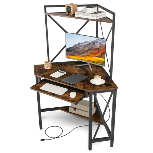 Corner Computer Desk with Hutch Storage Shelves and Keyboard Tray-Rustic Brown, Costway, 1