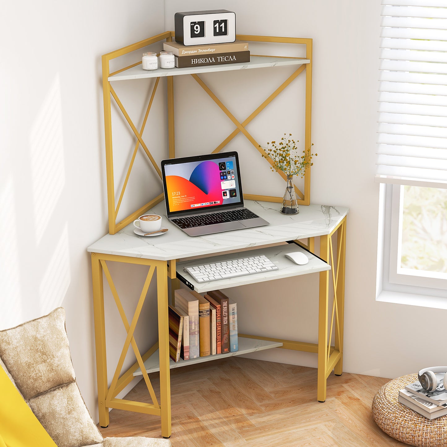 Corner Computer Desk with Hutch Storage Shelves and Keyboard Tray-White, Costway, 3