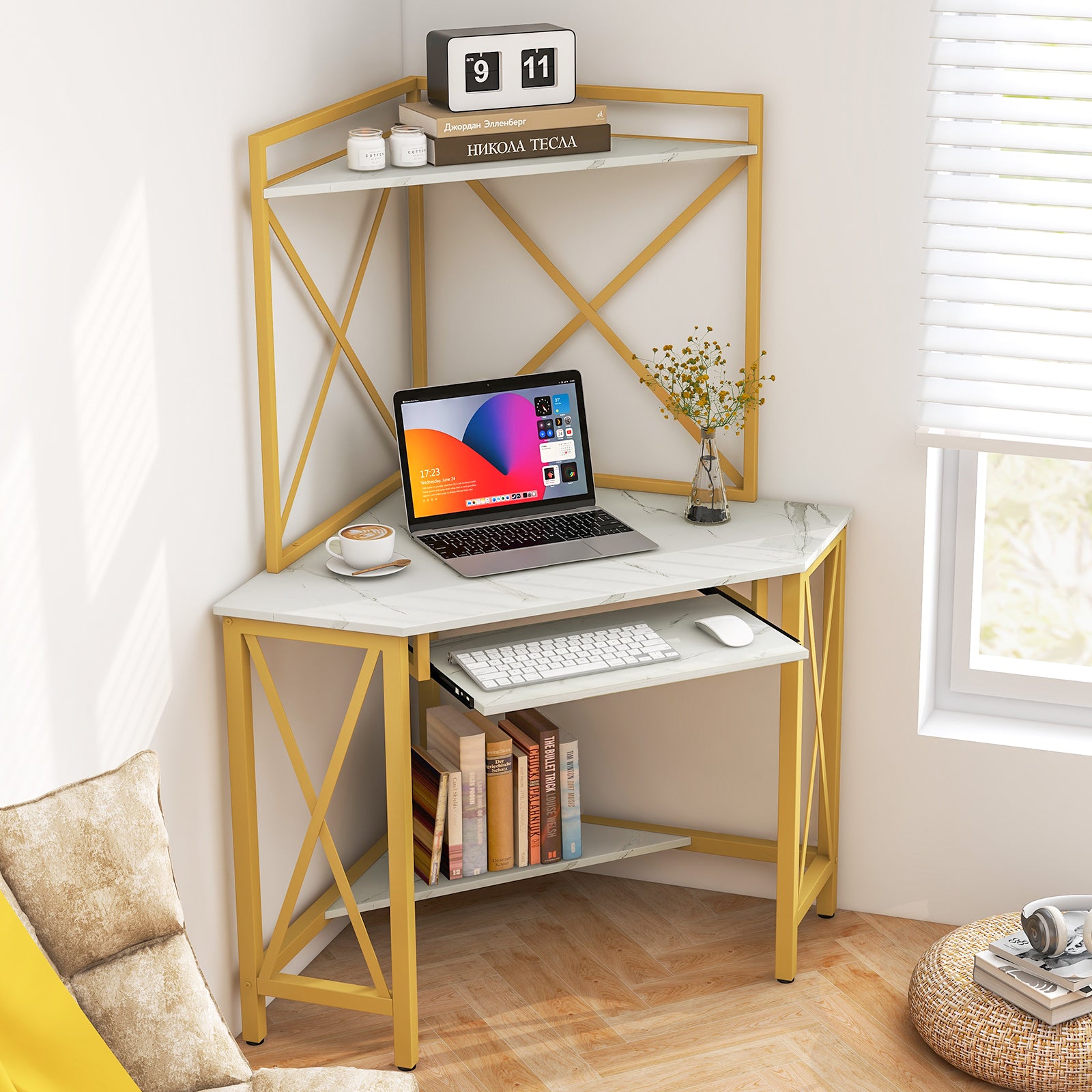 Corner Computer Desk with Hutch Storage Shelves and Keyboard Tray-White, Costway, 3
