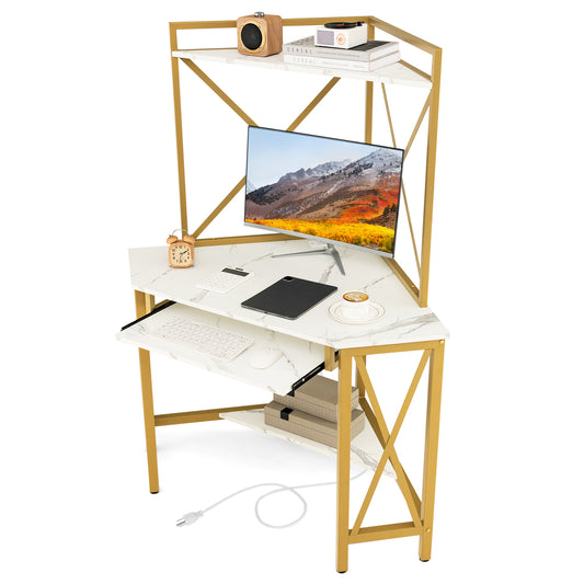 Corner Computer Desk with Hutch Storage Shelves and Keyboard Tray-White, Costway, 1