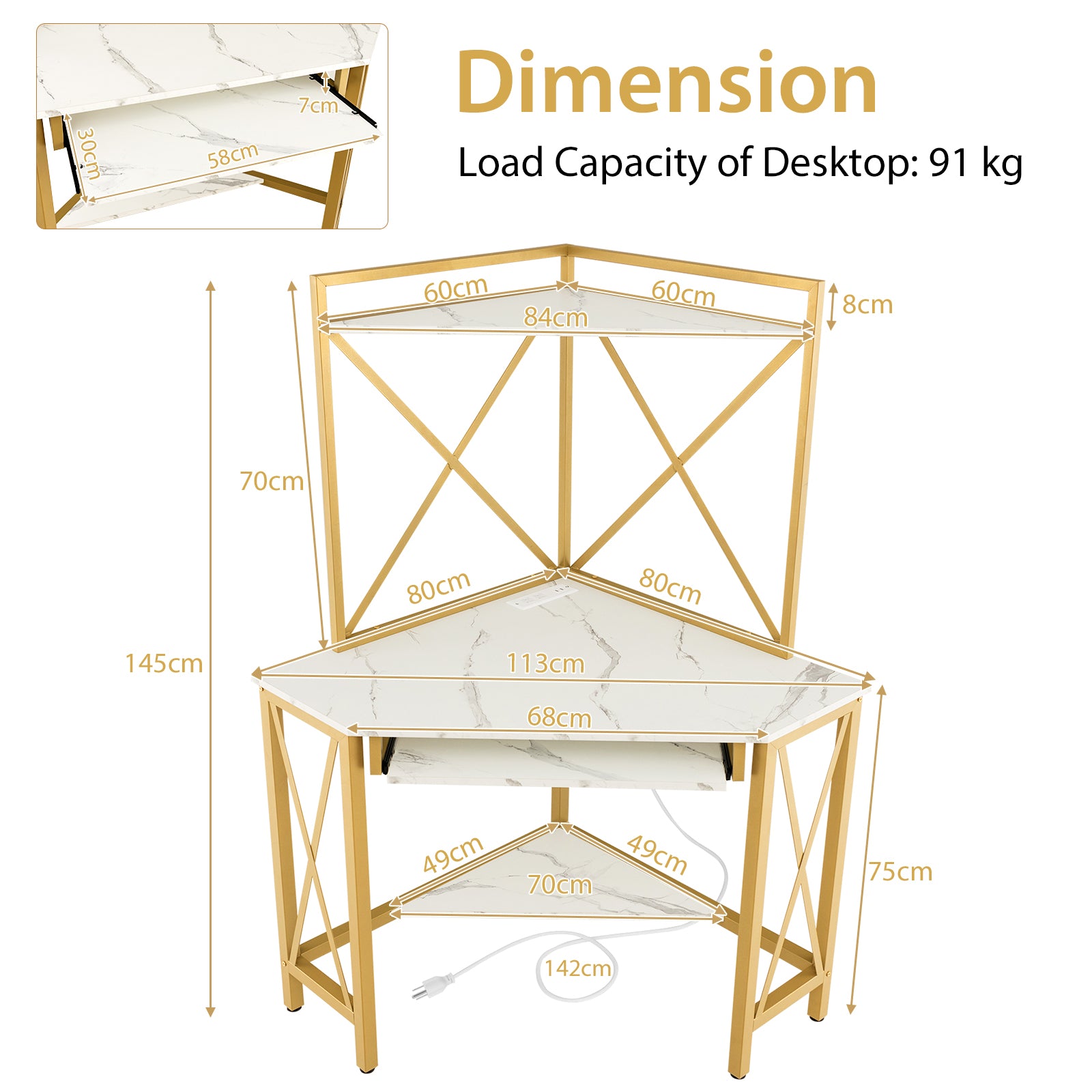 Corner Computer Desk with Hutch Storage Shelves and Keyboard Tray-White, Costway, 5