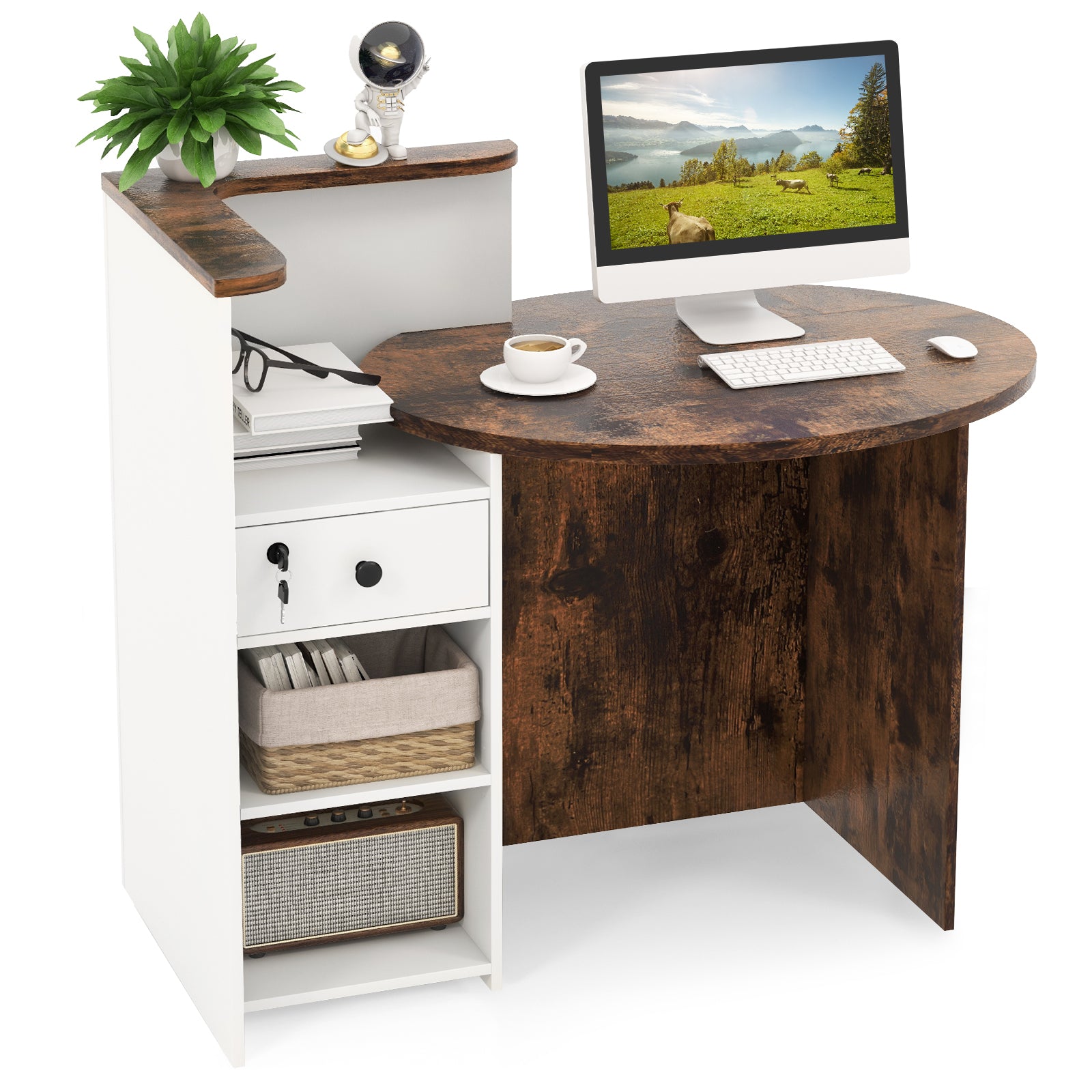 Corner Front Reception Counter Desk with Lockable Drawer-Coffee, Costway, 4