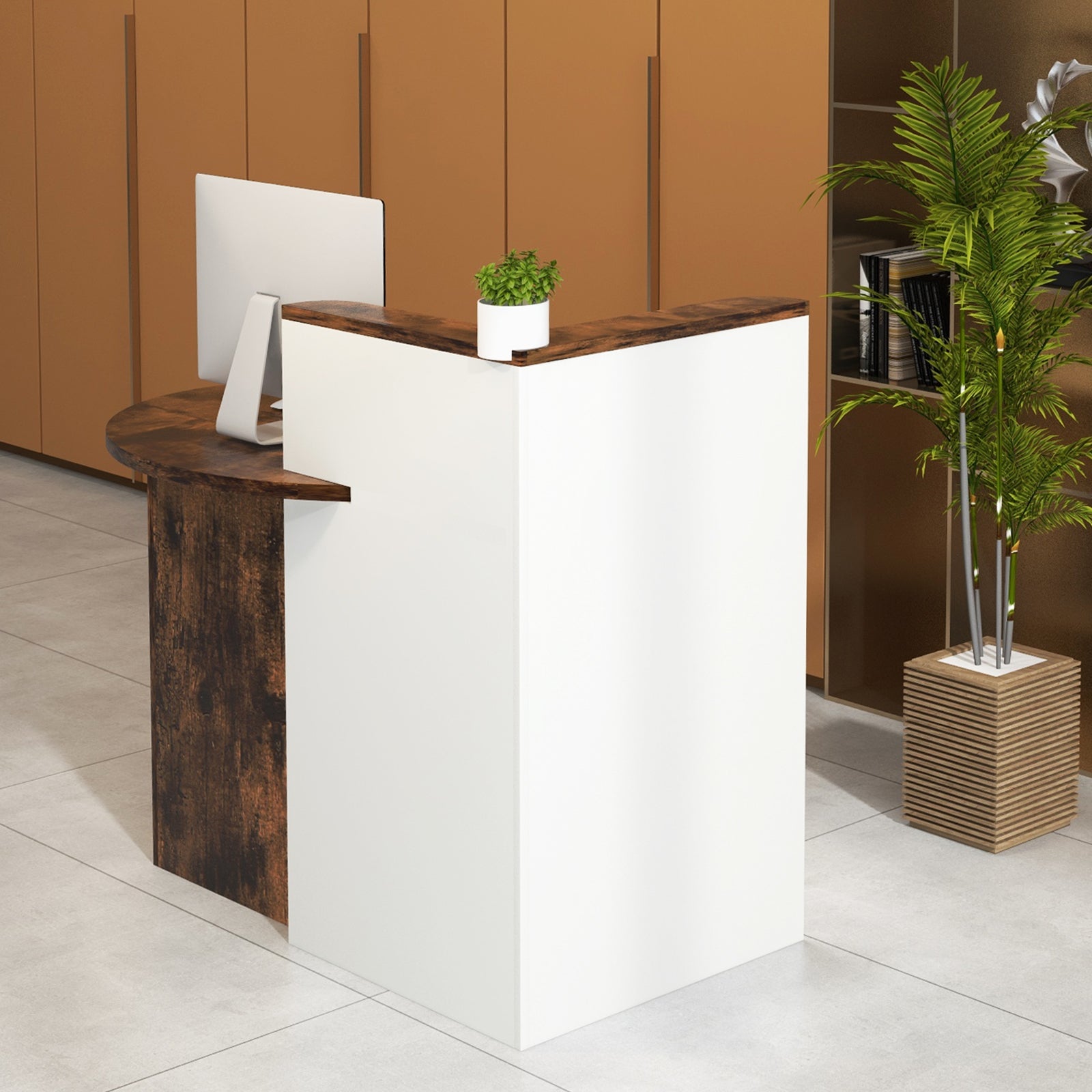 Corner Front Reception Counter Desk with Lockable Drawer-Coffee, Costway, 3