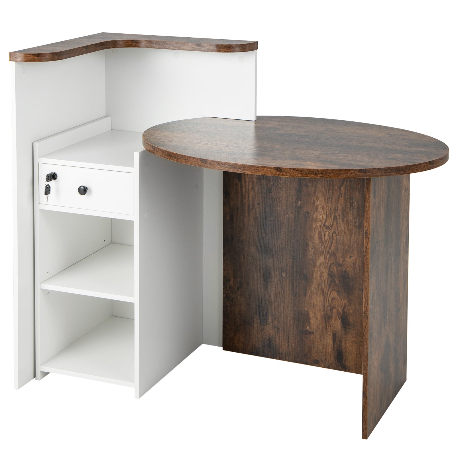 Corner Front Reception Counter Desk with Lockable Drawer-Coffee, Costway, 1