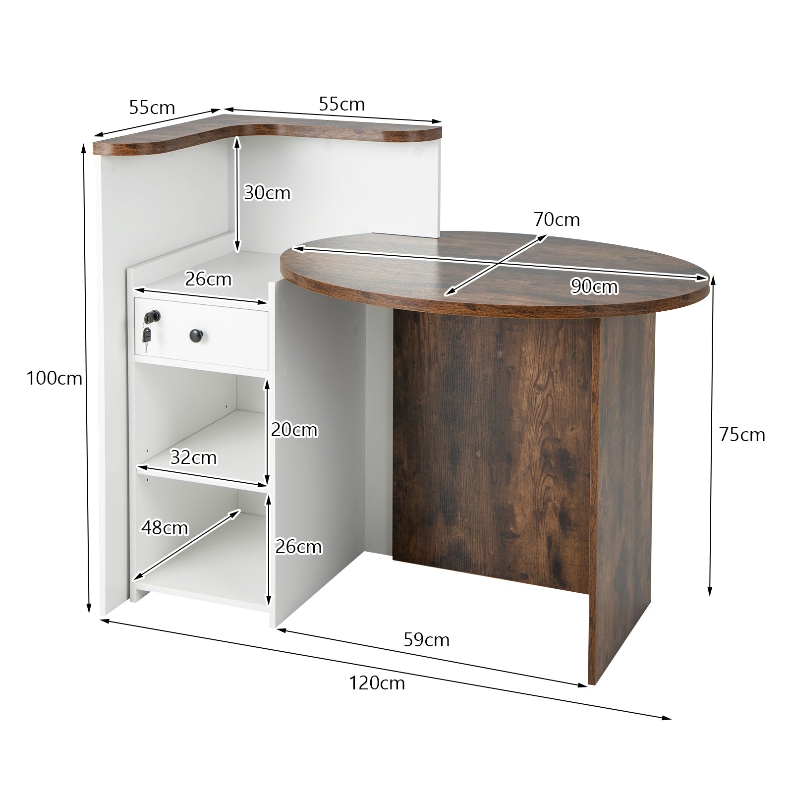 Corner Front Reception Counter Desk with Lockable Drawer-Coffee, Costway, 5