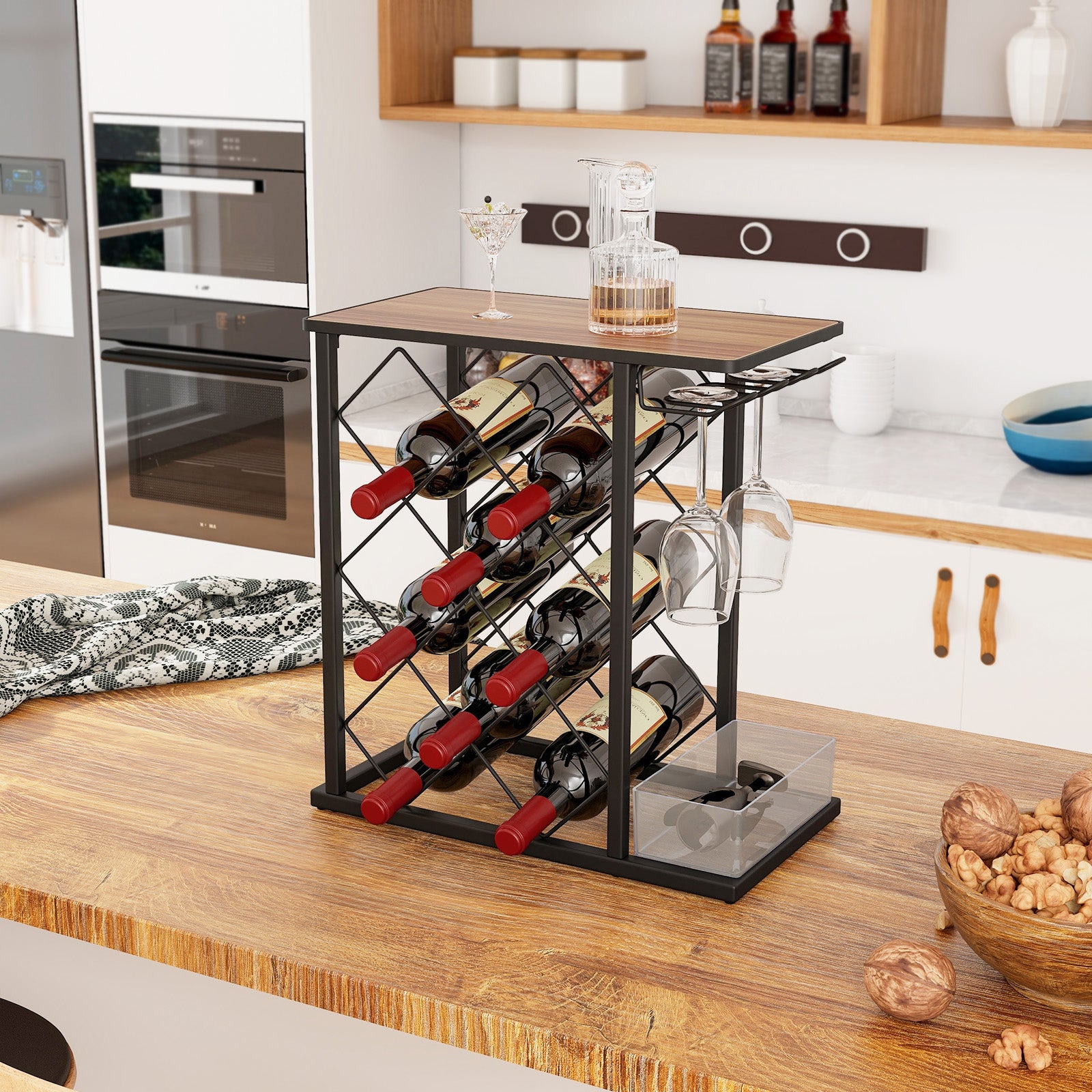 Countertop Wine Rack with Metal Frame and Storage Box for 8 Wine Bottles, Costway, 1