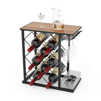 Countertop Wine Rack with Metal Frame and Storage Box for 8 Wine Bottles, Costway, 3