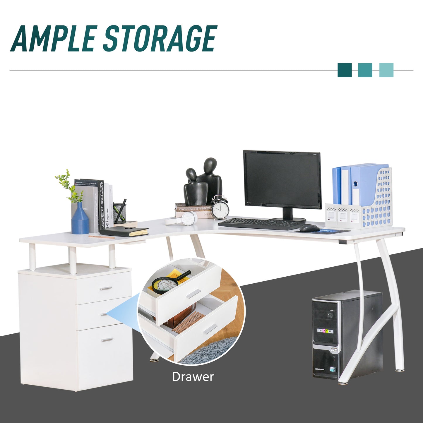 L-Shaped Computer Desk Table with Storage Drawer Home Office Corner Industrial Style Workstation for A4 Files 152 x 143.5 x 76cm, White, HOMCOM, 5