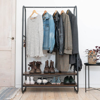 Heavy Duty Clothes Rail, Clothes Rail with 2 Shelves, 170 kg Load Capacity, Particleboard Rustic Brown, Tatkraft Anneli, 1