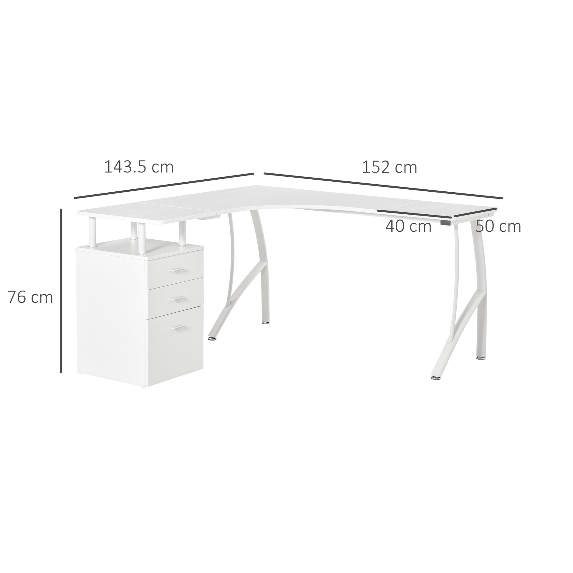 L-Shaped Computer Desk Table with Storage Drawer Home Office Corner Industrial Style Workstation for A4 Files 152 x 143.5 x 76cm, White, HOMCOM, 3