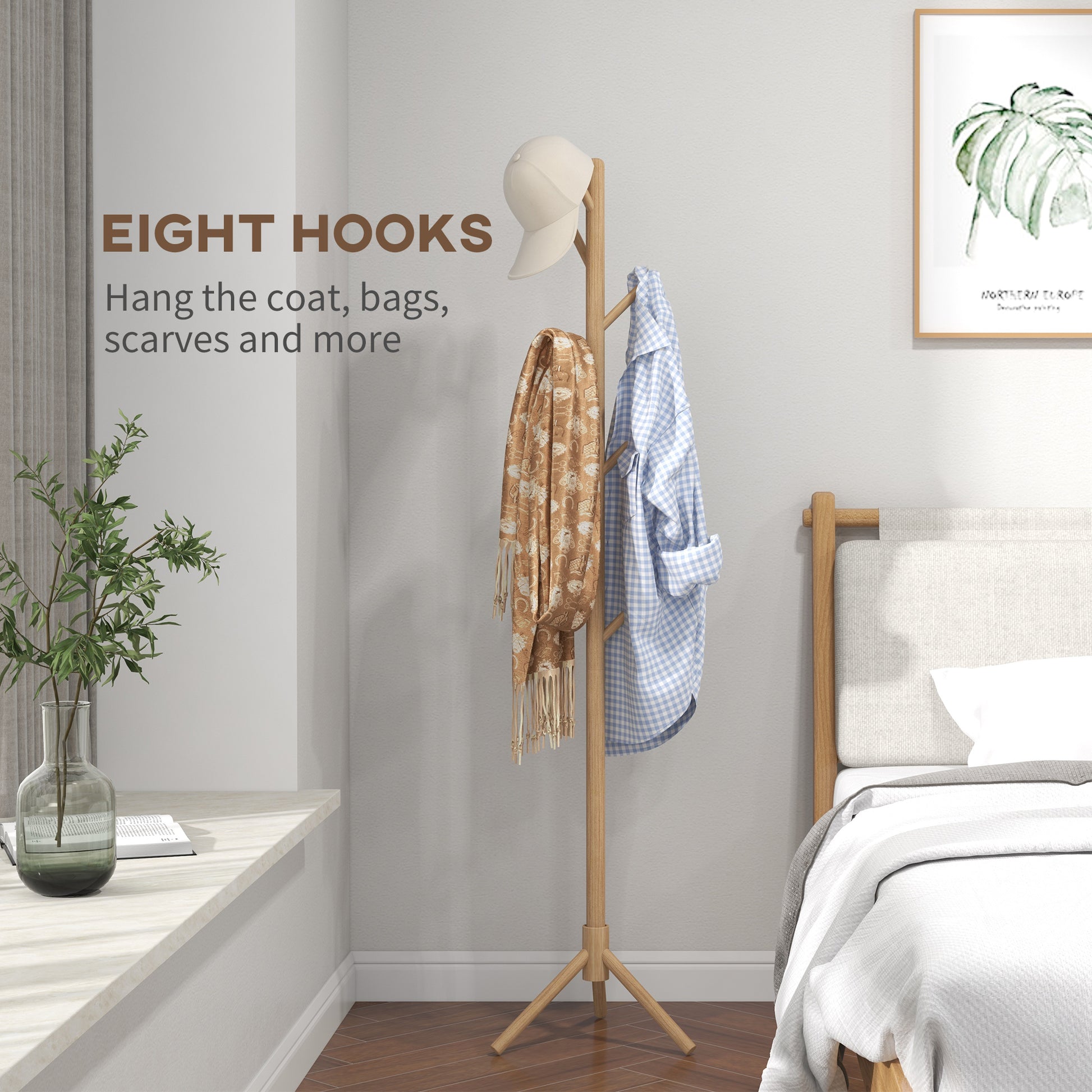 Eight-Hook Wooden Coat Rack - Natural, HOMCOM, 4