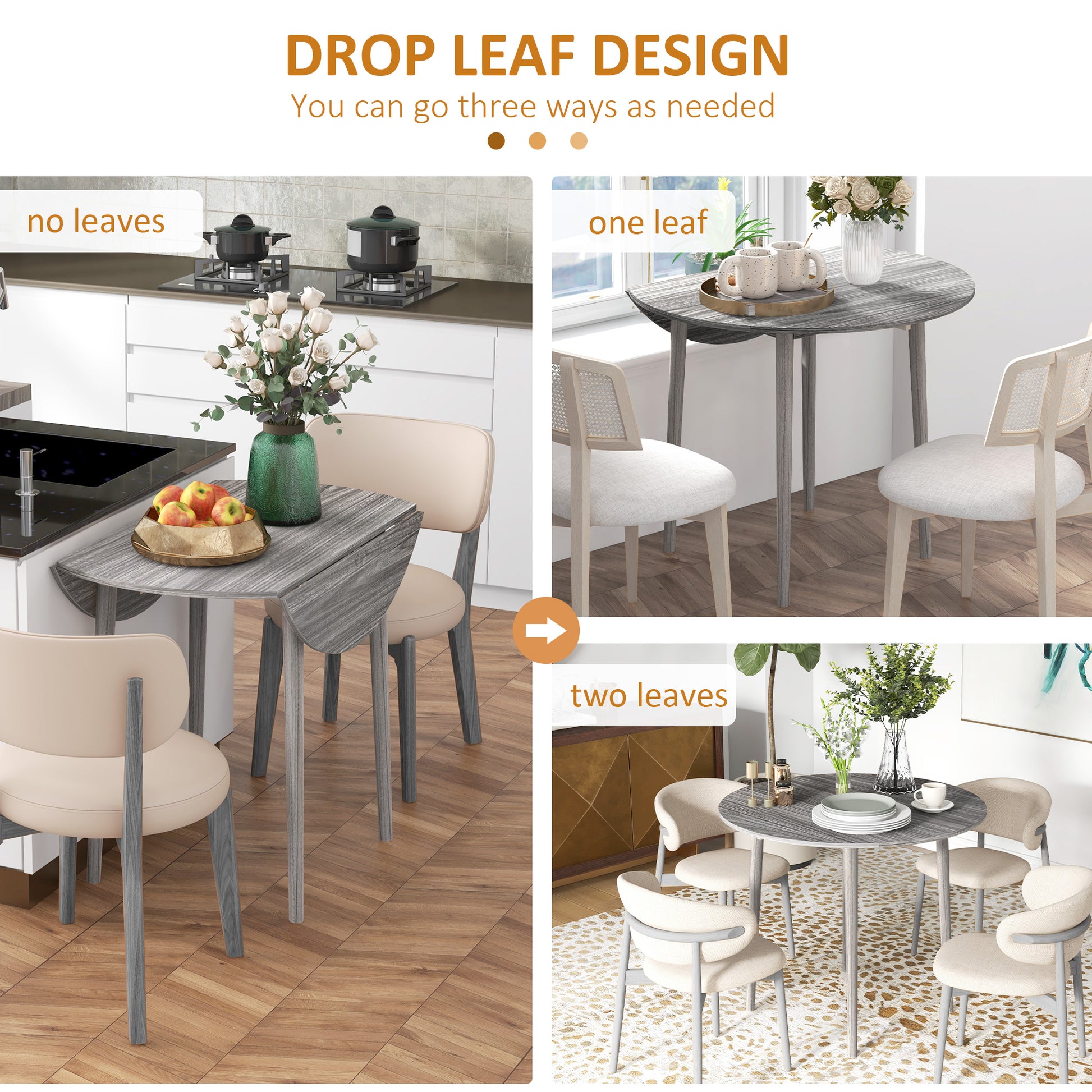 Folding Dining Table for 4, Round Drop Leaf Table, Extendable Dining Table, Small Kitchen Table, Grey, HOMCOM, 4