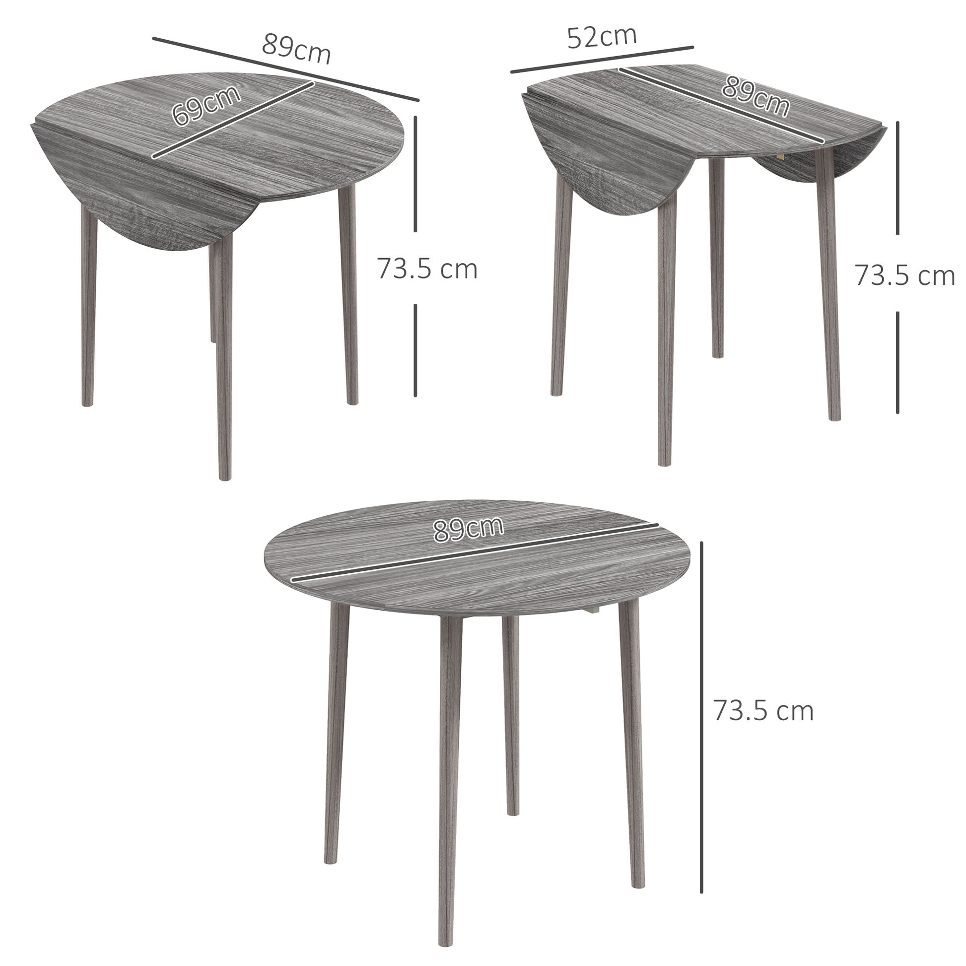 Folding Dining Table for 4, Round Drop Leaf Table, Extendable Dining Table, Small Kitchen Table, Grey, HOMCOM, 3