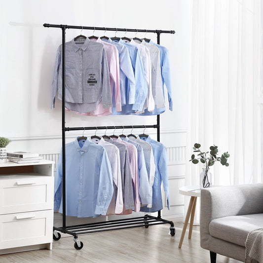 Clothes Rail, Coat Rack with Shoe Storage, Industrial Clothes Rail, on Wheels, Maximum load of 110 Kg, Black, SONGMICS