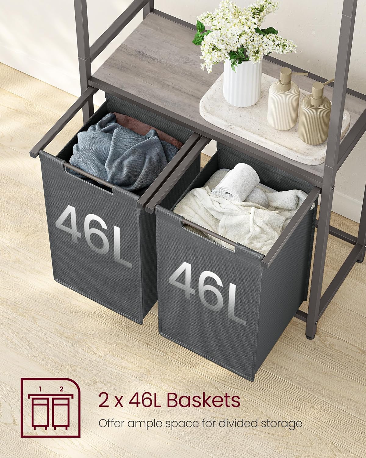 Double Laundry Basket, Grey Laundry Basket, 2-Section Laundry Basket with Removable Liners, 2 x 12.1, VASAGLE, 7
