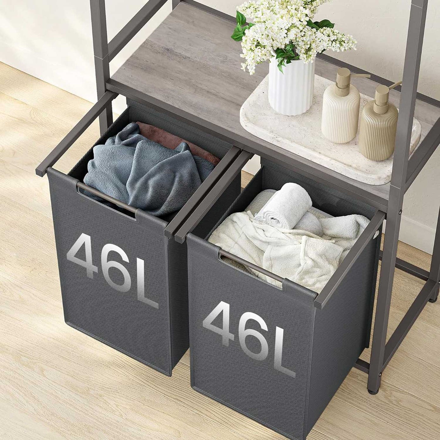 Double Laundry Basket, 2-Section Laundry Basket with Clothes Rail, Grey Laundry Basket, 2 x 46L, VASAGLE, 2