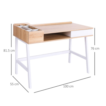 Computer Desk, Writing Desk, Study Workstation with Drawer, Storage Compartments, Cable Management, Laptop Table, Metal Frame, 100 x 55 x 81.5cm, Oak and White, HOMCOM, 3