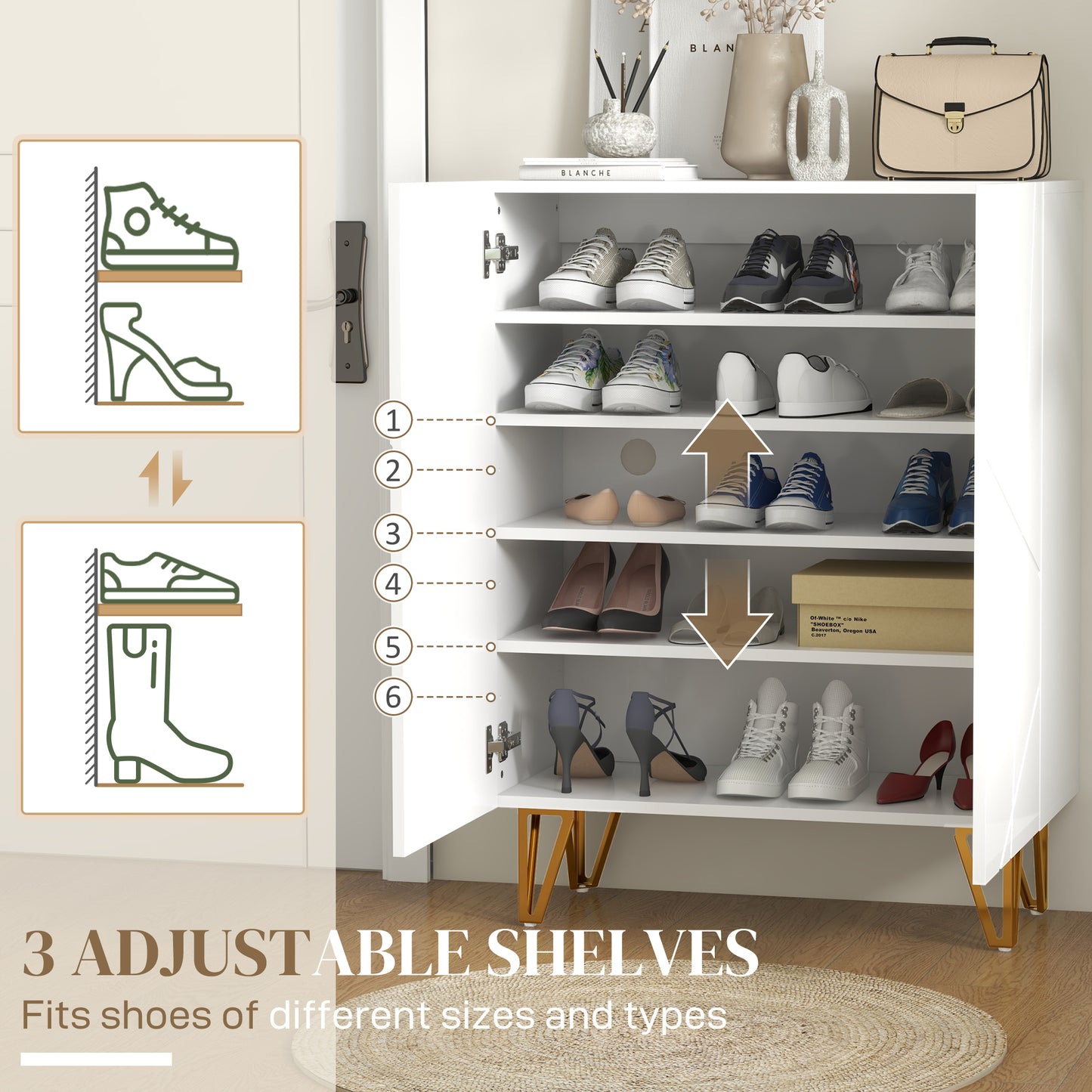 Narrow Shoe Storage Cabinet with Soft-Close Hinges and Adjustable Shelves for 15-20 Pairs of Shoes, White, HOMCOM, 4