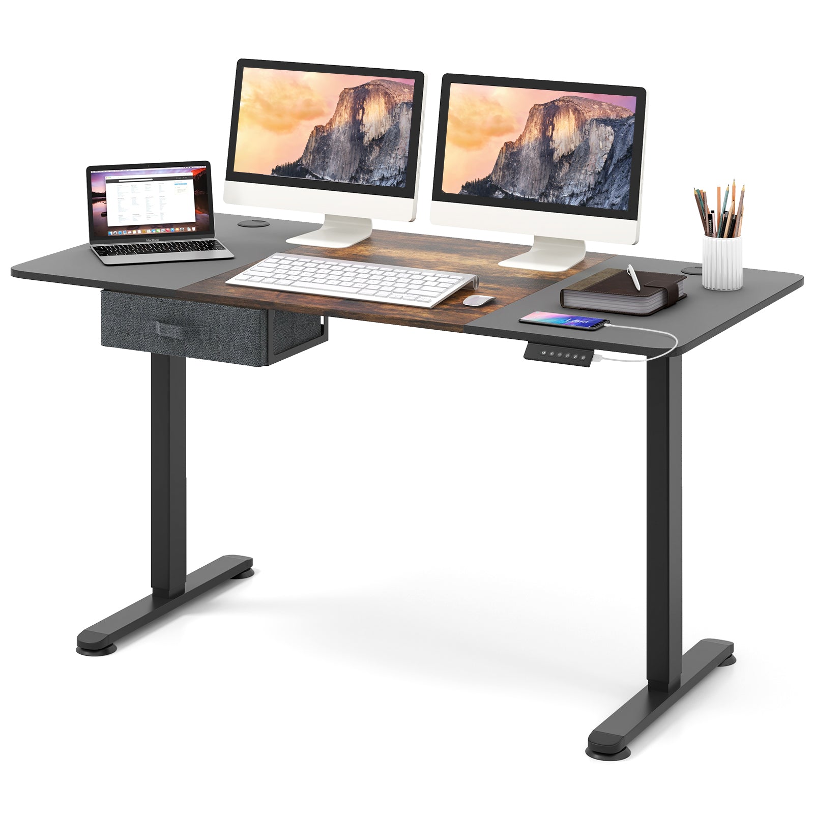 Electric Height Adjustable Standing Desk with USB Charging Port-Rustic Brown, Costway, 1