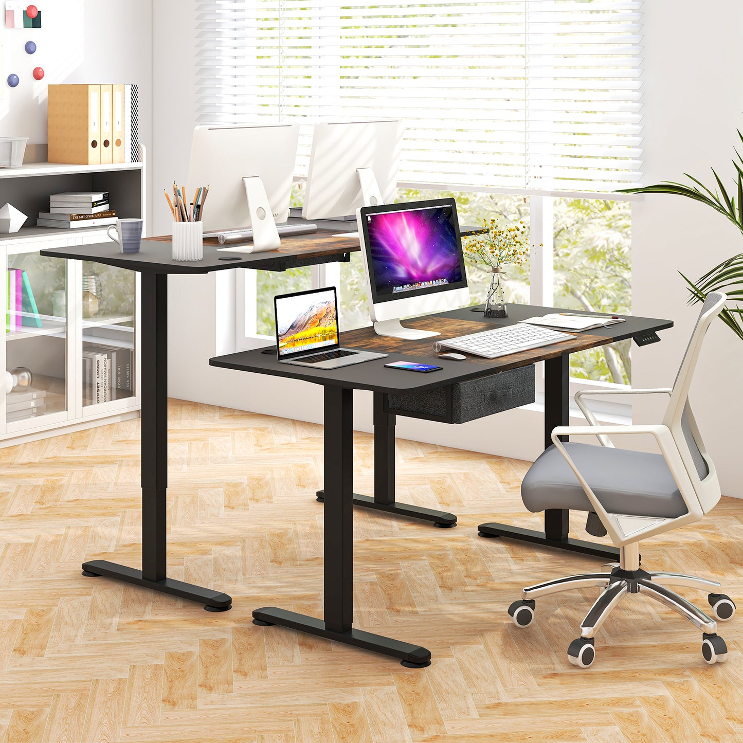Electric Height Adjustable Standing Desk with USB Charging Port-Rustic Brown, Costway, 2